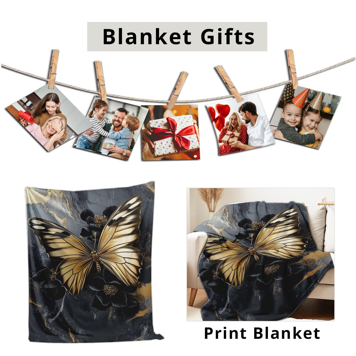 HUNXIAOJ Printed Bed Blanket Black Gold Butterfly Throws Soft Flannel Blanket Butterfly Love Gifts Butterflies Decor for Couch Bed (59"x78")