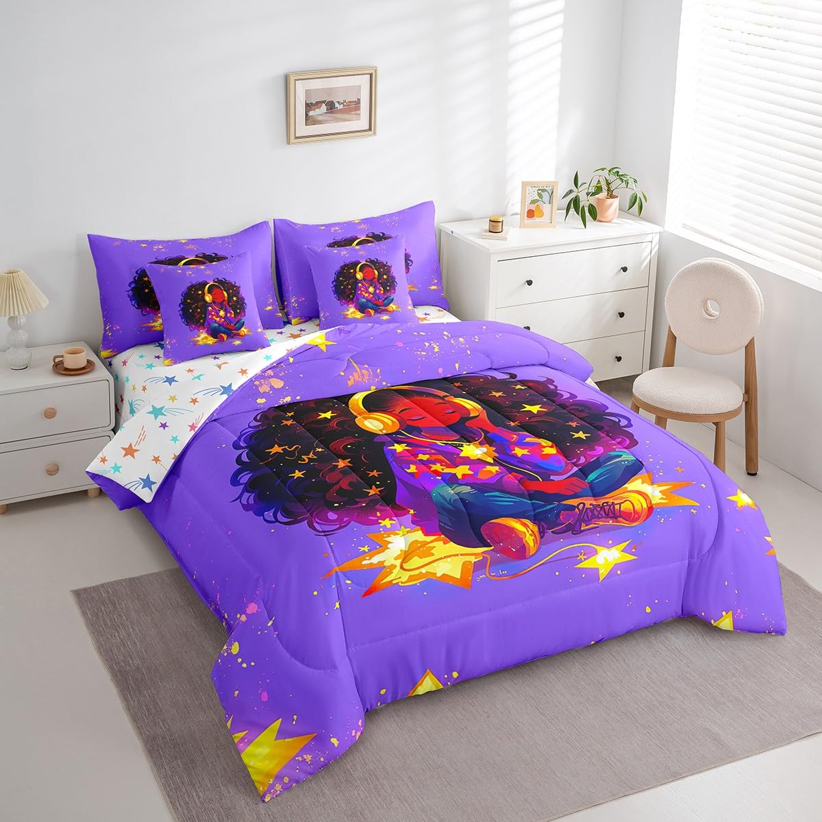 jejeloiu Kids Cute Black Girl Comforter Set 7 Pieces Full Size African American Girl Bedding Set for Boys Girls Music Bed in a Bag with Comforter, Sheets, Pillowcases & Cushion Covers（No Glitter）