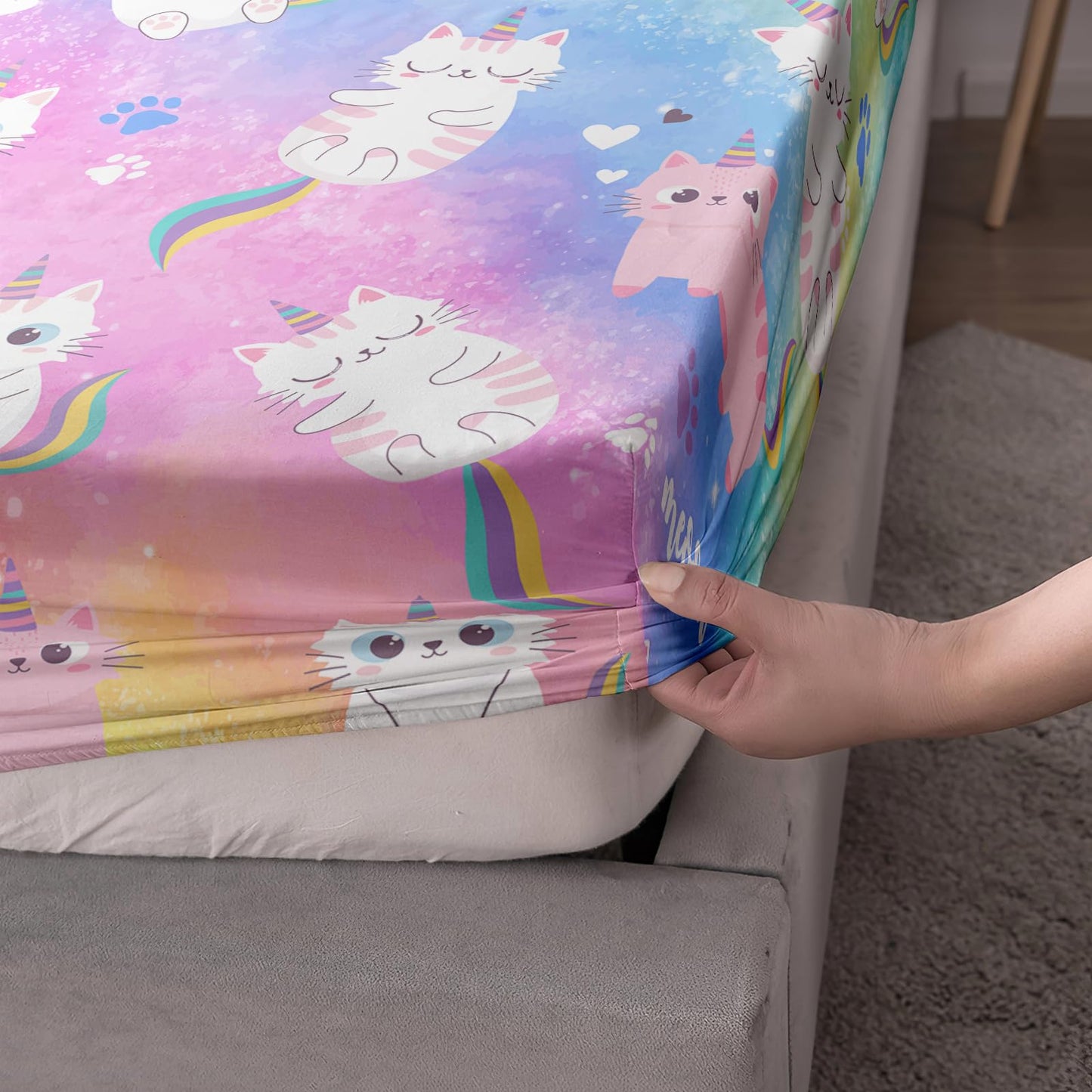 Axolotl Cat Sheet Twin Size,Kawaii Cartoon Cat Sheets Set 4Pcs,Cute Rainbow Flat Sheet,Cute Animal Printed Bed Set with 1 Fitted Sheet 1 Flat Sheet 2 Pillowcases,Pink Blue