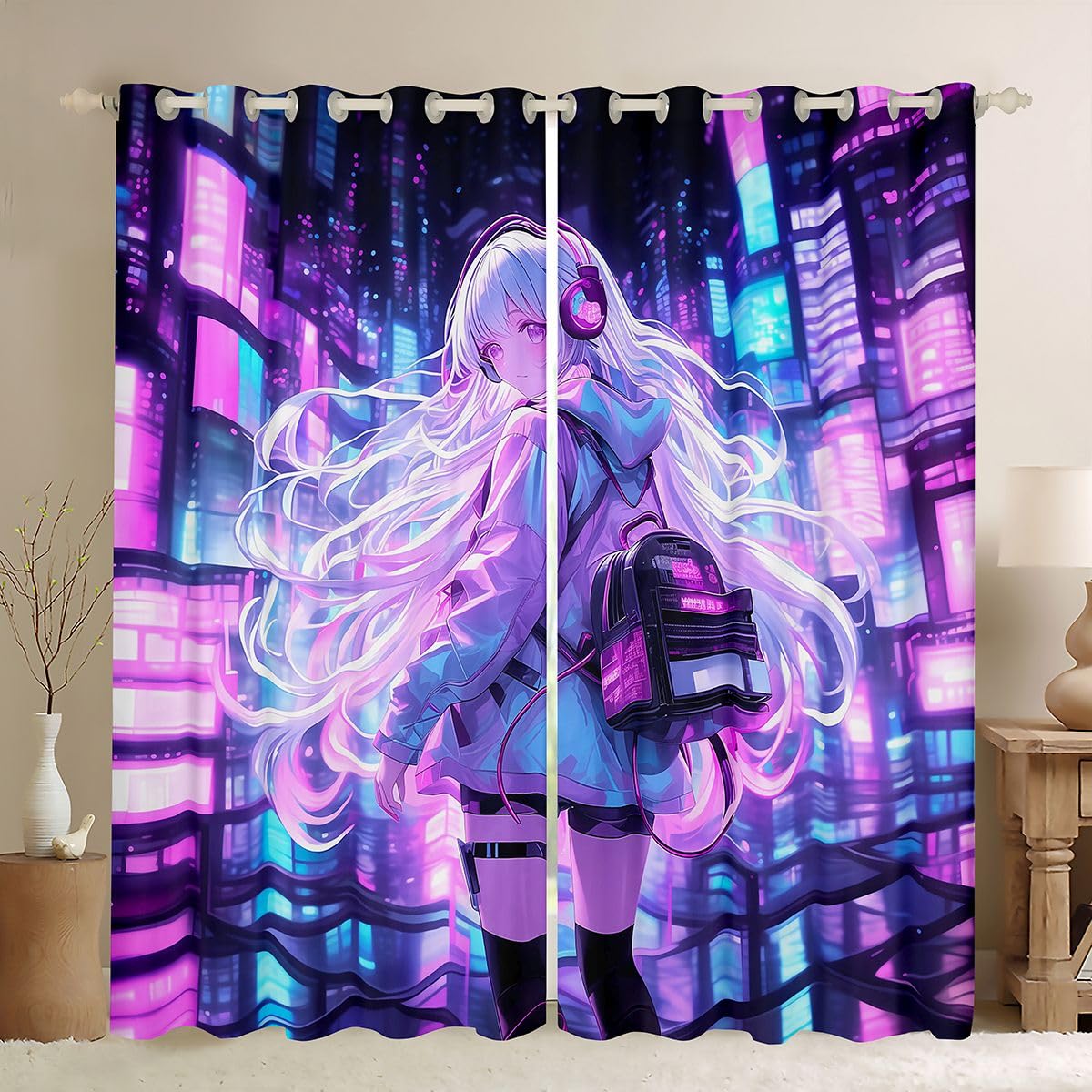 Erosebridal Japanese Girl Window Treatments Girly Anime 42" Wx63 L Window Curtain for Kids,Sci Fi Style Gaming Curtain Room Decor,3D Cartoon Anime Girl Curtains & Drapes