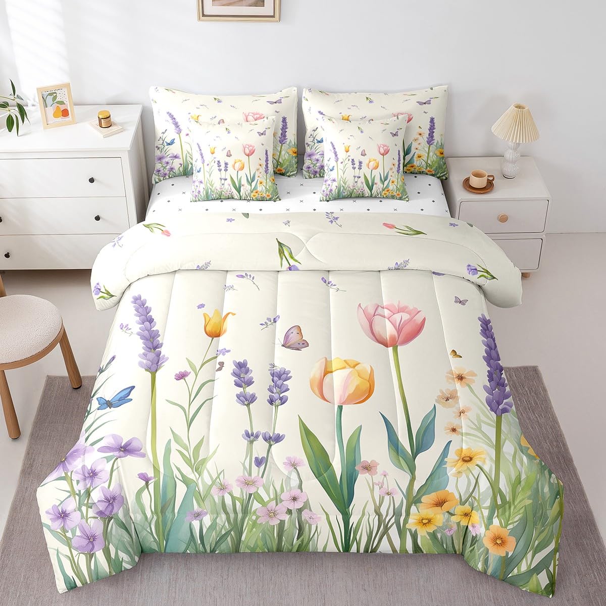 Erosebridal Tulips Full Size Bed Sheets and Comforter Set,Jungle Flowers 7 Piece Bedding Set Garden Floral Lavender Bed in a Bag,Rural Pastoral Style Farmhouse Rustic Bed Sets