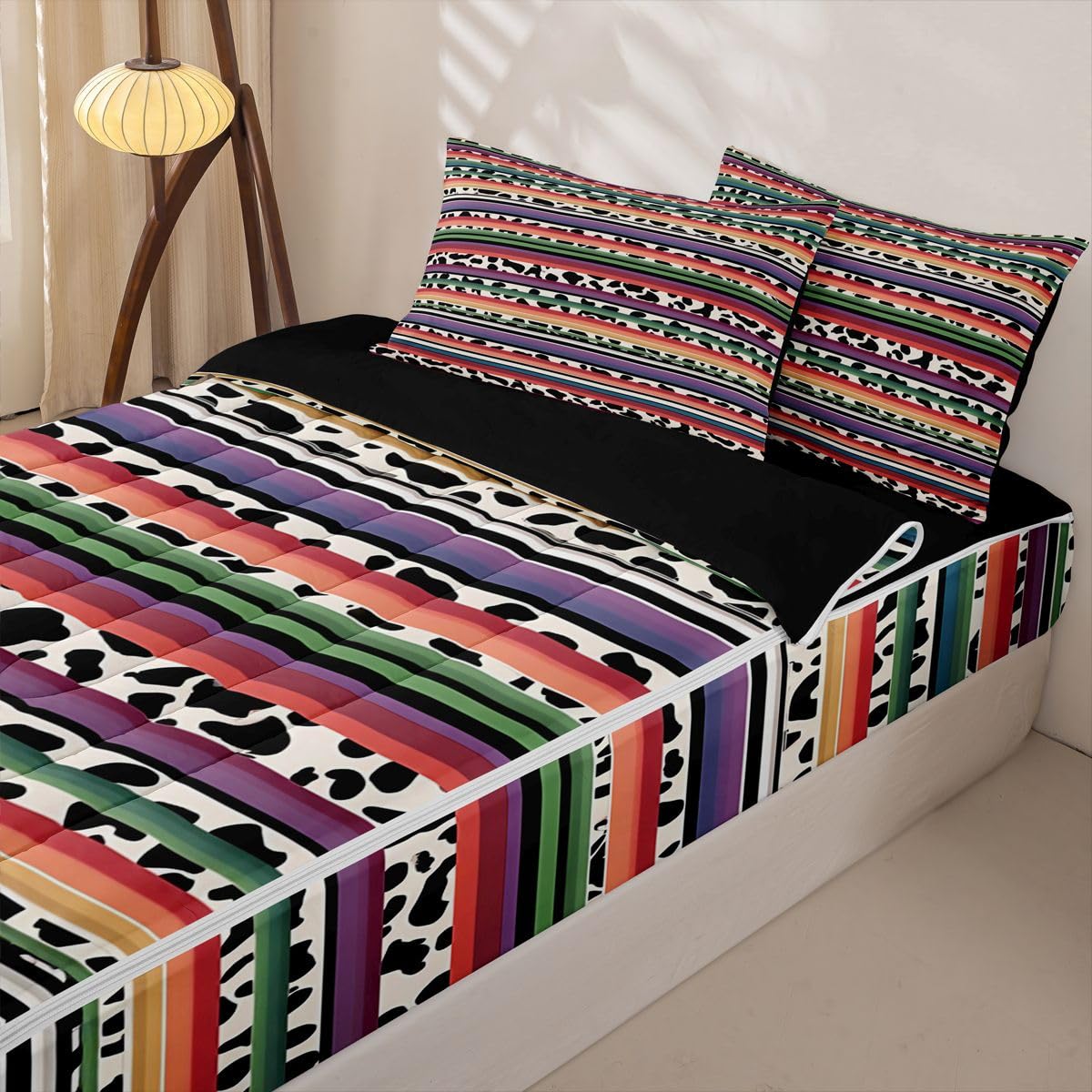 Rainbow Striped Zipper Bedding Set Queen Zip Up Bedding Purple Pink Cow Print Comforter Set with Sheets for Boys Girls,Black and White Cowhide Bed in a Bag Bull Farm Animals Western Bed Sets