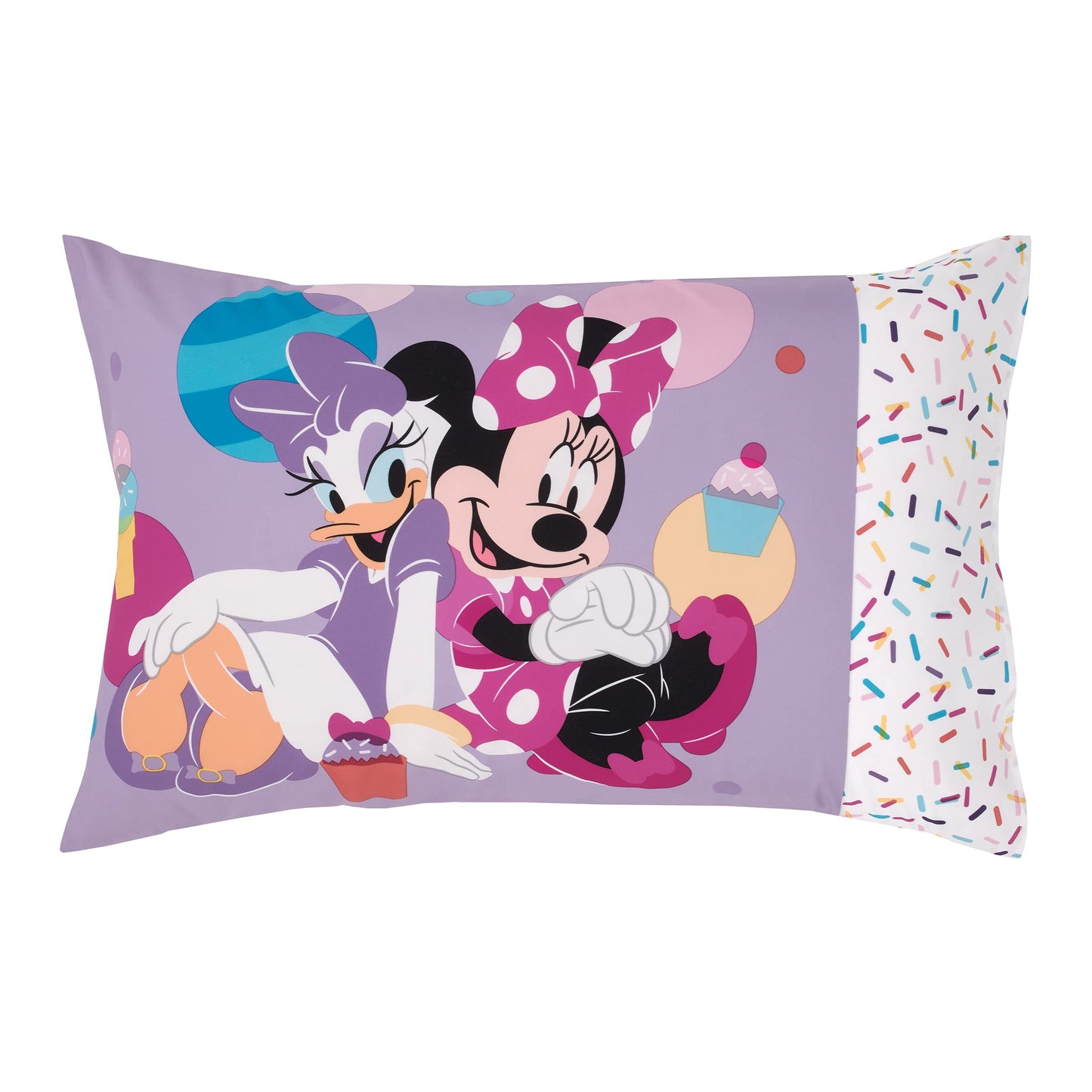 Disney Minnie Mouse Let's Party Pink, Balloons, Cupcakes, and Confetti Party at Minnie's 4 Piece Toddler Bed Set - Comforter, Fitted Bottom Sheet, Flat Top Sheet, and Reversible Pillowcase