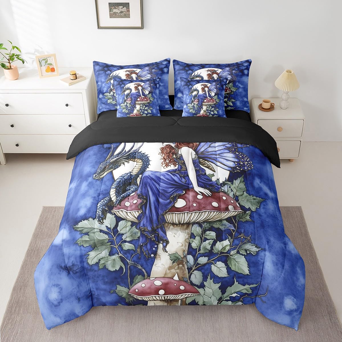 Homewish Queen Size 7 Pieces Bedding Sets Dragon Mushroom Comforter Set Butterfly Fairy Bed Sheet Blue Reversible Printed Quilt Set + Flat Sheet + Fitted Sheet + 2 Pillowcase + 2 Throw Pillow Covers