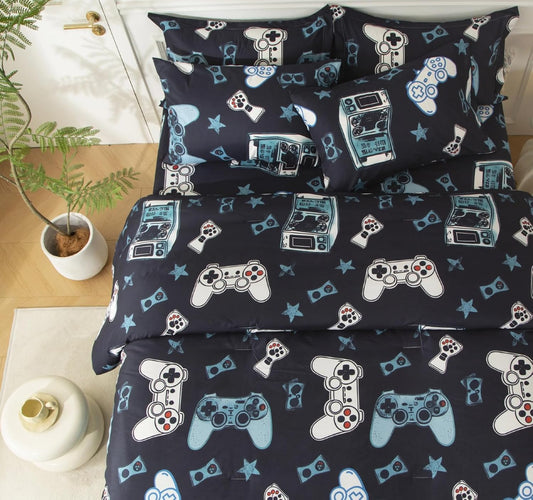 SDY 7PCS Twin Gaming Console Comforter & Sheet Set，Soft Cute Gamer Microfiber Bedding for Kids, Boys & Toddlers Room Decor,Includes 1 Comforter, 1 Flat&Fitted Sheet, 2 Pillowcases & 2 Pillow Shams