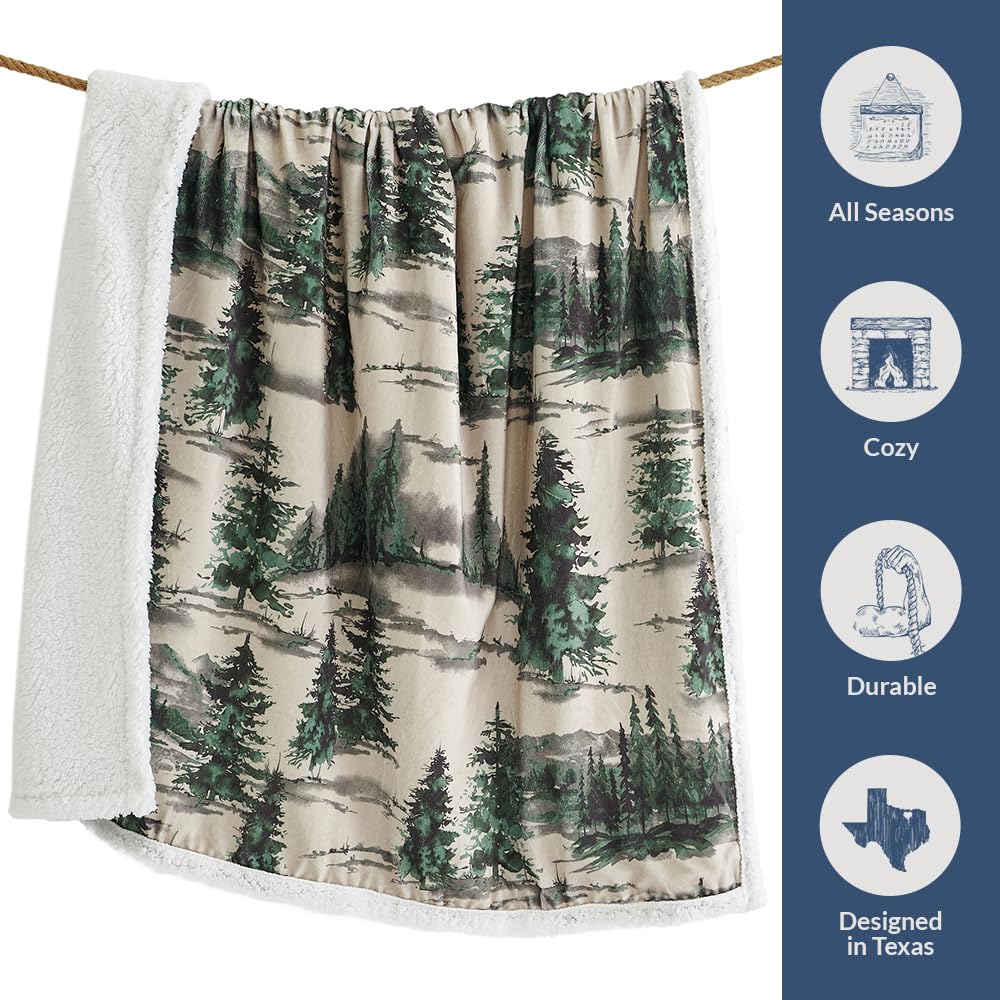 Paseo Road Indigo Hill by HiEnd Accents Joshua 3 Piece Sherpa Throw Blanket Set, Forest Pine Trees Nature Print Fleece Throw Set, Western Cabin Lodge Style, 1 Throw and 2 Pillows