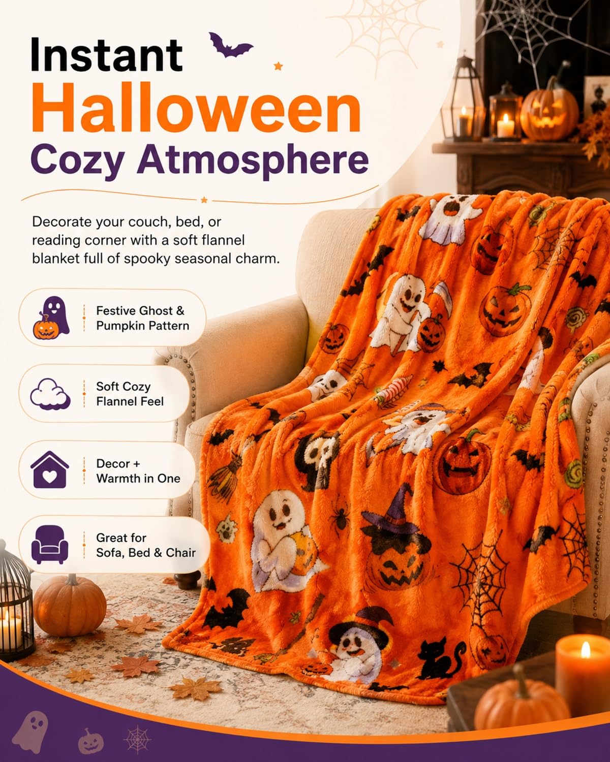 Halloween Throw Blanket Couch Cozy Flannel Decoration for Party Bed Soft Flannel Ghost Blanket Halloween Harvest Gifts Horror Ghost Bat Pumpkin(Model8,50x80in)