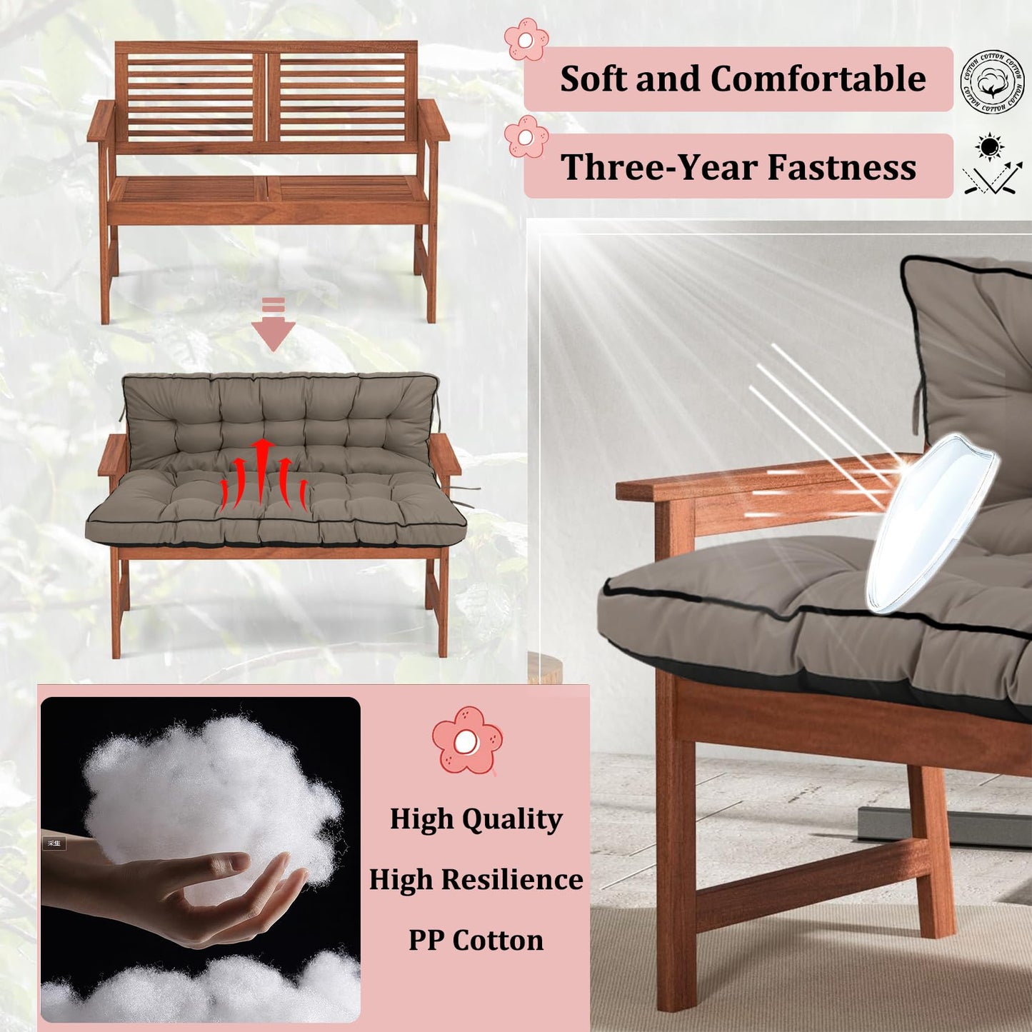 2-3 Seat Swing Replacement Cushion, Outdoor Bench Cushions with Backrest Thicken 4", Patio Furniture Garden Porch Loveseat Glider Pad Anti-Fading Waterproof (Khaki, 40x55in)
