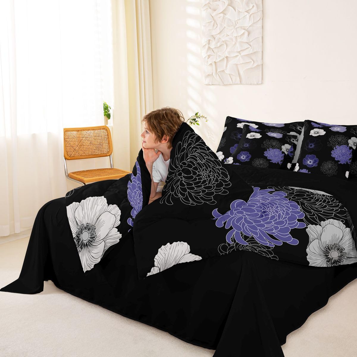 Feelyou Floral Flower 7 Piece Bedding Set Black Purple Comforter Set with Sheets for Kids Boys Girls Poppy Flower Hydrangea Bed in a Bag Damask Print Bed Set Soft Lightweight