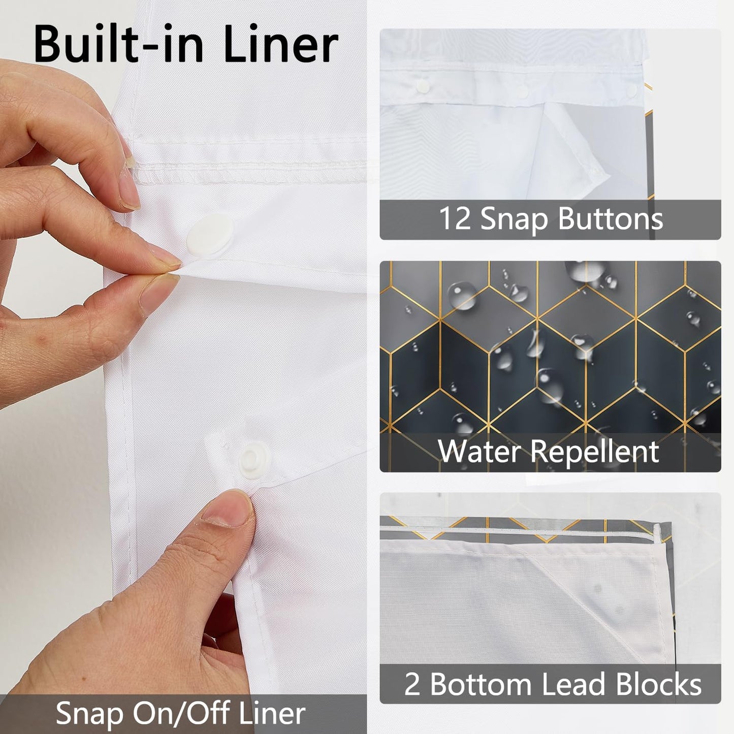 NAEMBCU No Hook Shower Curtain with Snap in Liner, 71 x 74 Inch