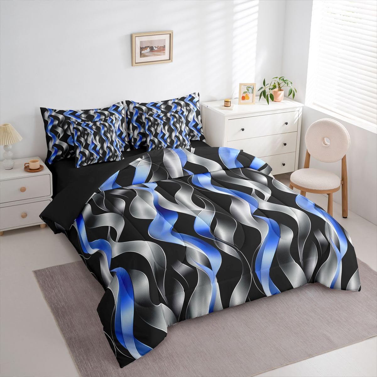 jejeloiu Modern Striped Full Comforter Set with Sheets for Kids Boys Girls Modern Abstract Geometric 7 Pieces Bedding Set Geometric Spiral Pattern Bed in a Bag Room Decor Microfiber