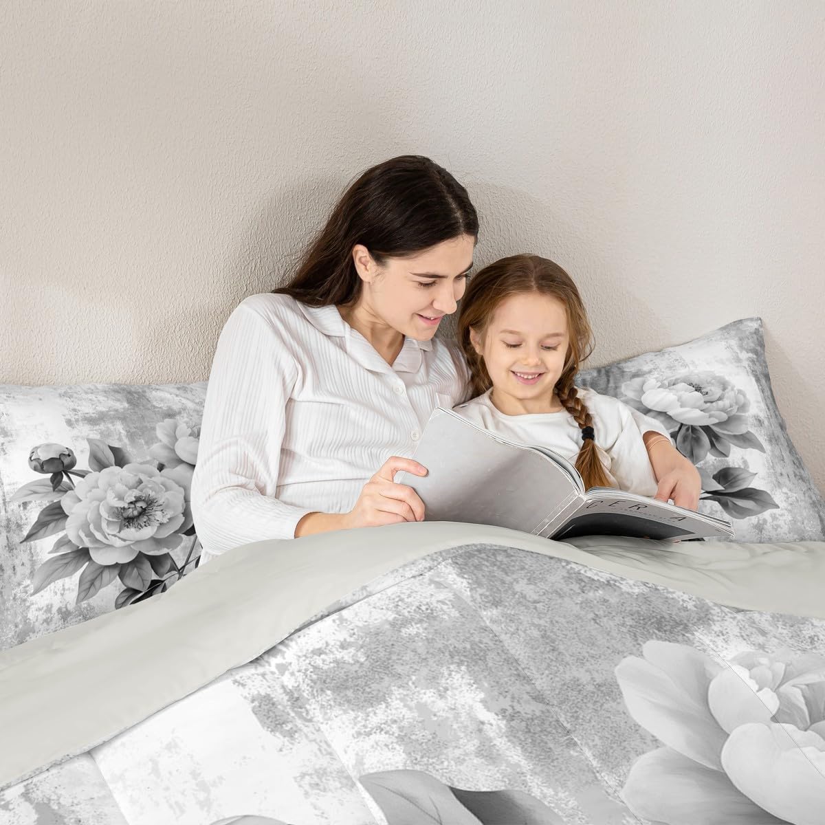 Erosebridal Watercolor Peony Floral Queen Comforter Set Abstract Oil Painting Bedding Set Rustic Farmhouse Bed Set Gray White Flowers Quilt Set