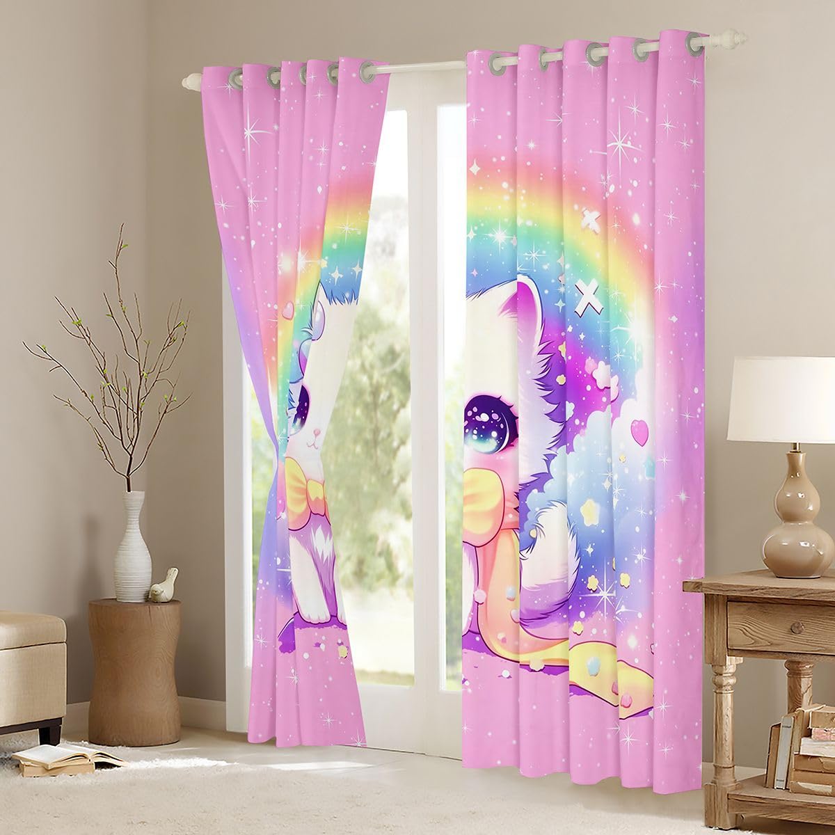 Feelyou Pink Cat Curtains for Bedroom Living Room Cute Kitten Blackout Shades Cute Animal Room Darkening Curtain Cat Lover's Gift Window Treatments, 2 Panels 42 x 84 Inch