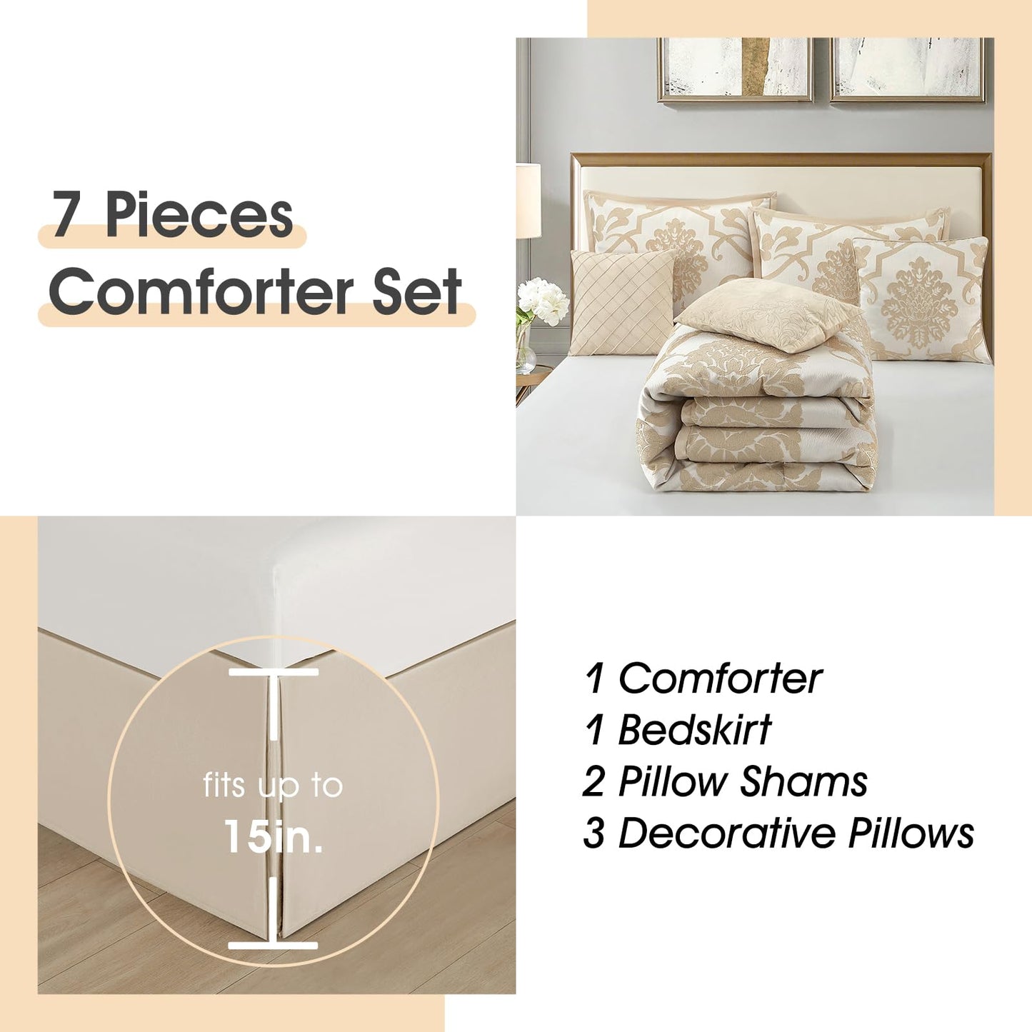 LANCO MODERN LIFESTYLE 7 Piece Gold Comforter Set, Queen, Elegant Jacquard Floral Bed in a Bag, Microfiber Bedding All Seasons with Pillow Shams, Decorative Pillows and Bed Skirt