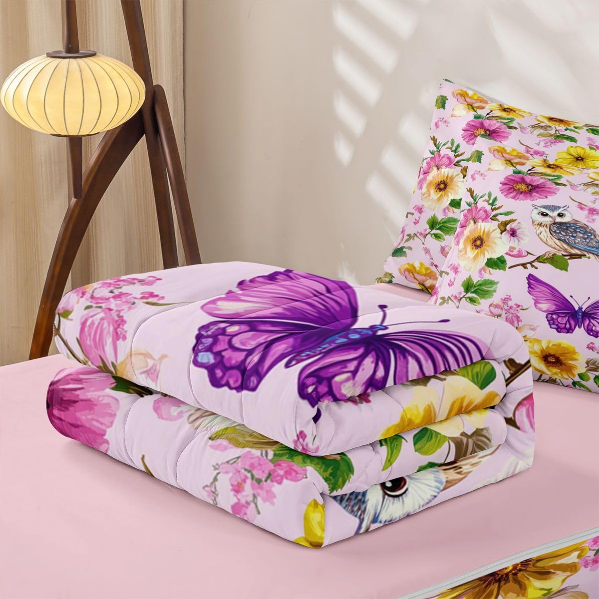 jejeloiu Owl Zipper Bedding Sets for Kids Boys Girls Yellow Floral Printed Twin Comforter Set with Fitted Sheet Purple Butterfly Bedroom Decor Spring Microfiber with 2 Pillow Cases
