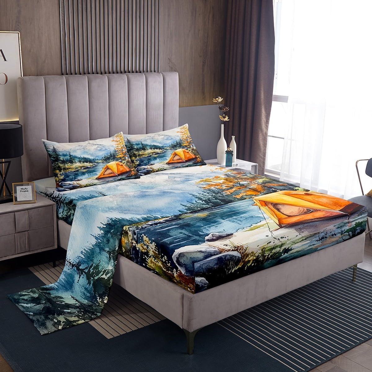 Erosebridal Happy Camping Bed Set Full,Outdoors Natural Camper Decor Bed Sheets Set Rustic Farmhouse Flat Fitted Sheet for Kids Adults Jungle Tree Country Bedding Sets with 2 Pillow Cases