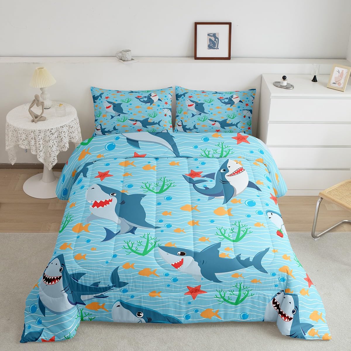 Cute Shark Comforter Set Twin Size,Fish Coral Bedding Set 2pcs for Kids Teens Boys Girls Room Decor,Mysterious Under Sea Animals Plants Themed Quilt Set Cartoon Blue Duvet Insert with 1 Pillowcase