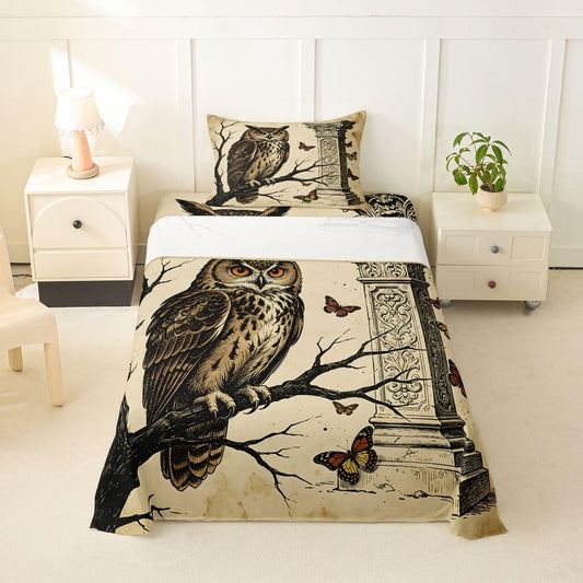 Erosebridal Gothic Owl Bed Sheets Twin Size Vintage Dead Branch Sheet Set Boys Girls Adults Autumn Butterfly Bedding Set Worn Paper Texture Sheets