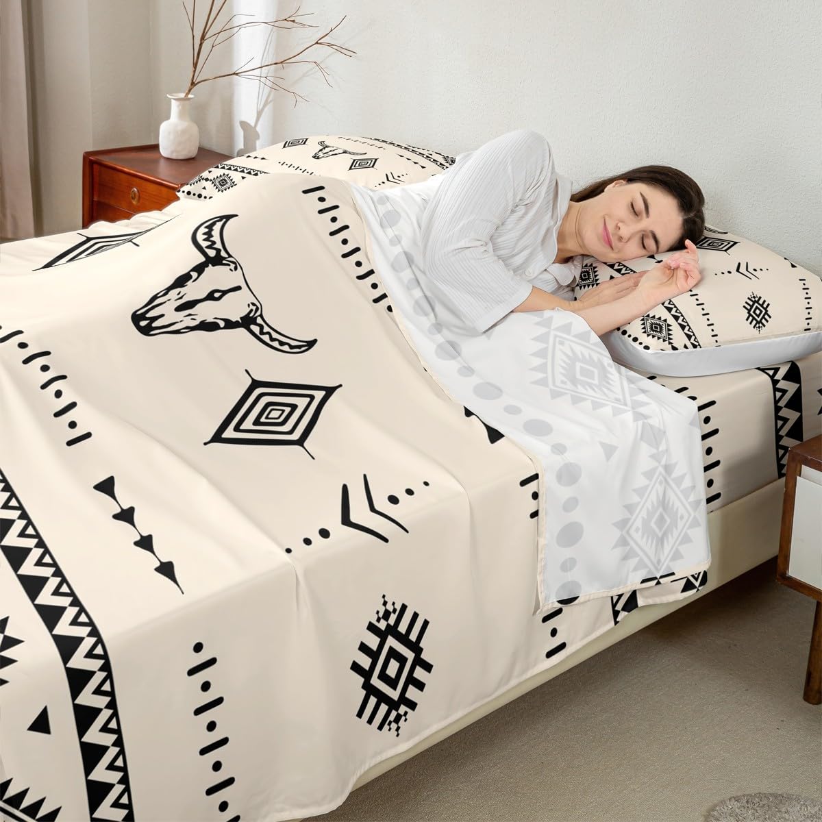 Erosebridal Full Size Western Cowboy Flat Fitted Sheet, Bull Skull Bed Sheets Set for Boys Girls Men Room Decor, Boho Aztec Ethnic Horns Bedding Set, Southwestern Native Bed Sets