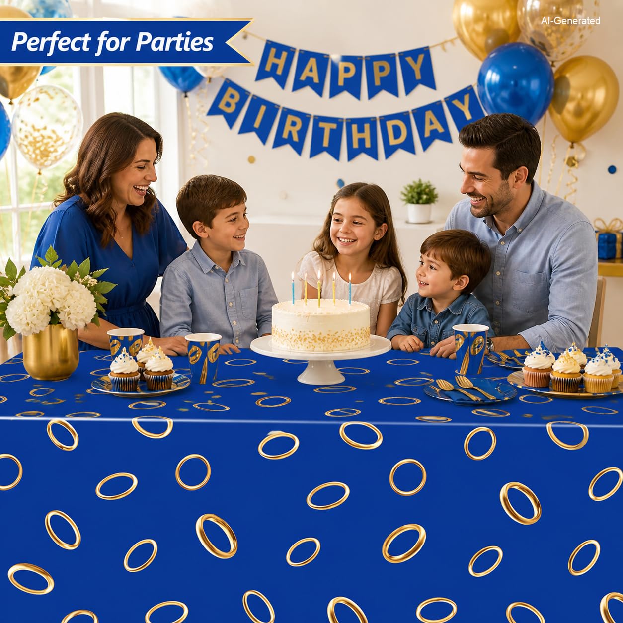 ANLLECR 3Pcs 108 x 54 Inches Blue with Gold Ring Print Tablecloth，Blue Disposable Rectangle Plastic Table Cover for Boys Girls Birthday Party Decoration