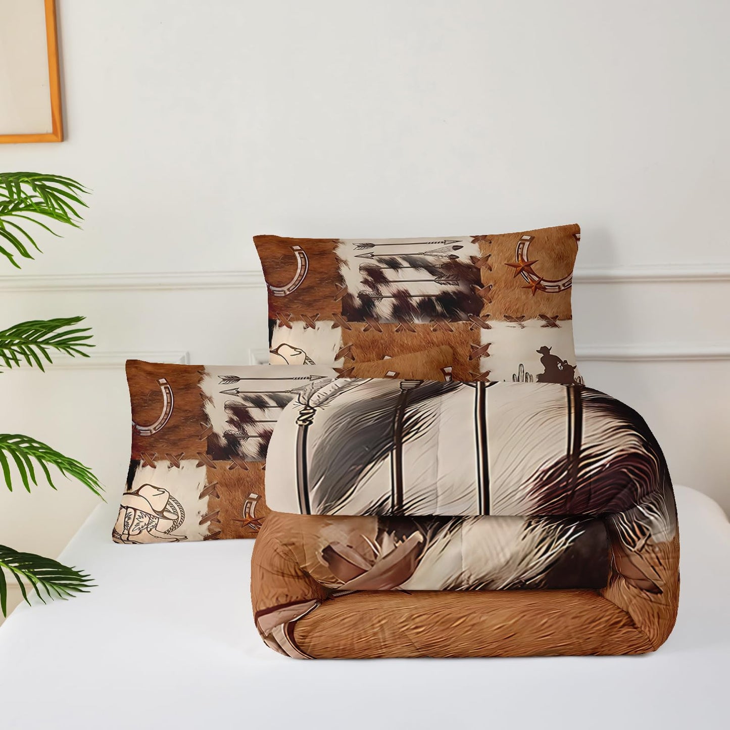 lneffble Western Comforter Set Twin,Cow Print Comforter Set for Boys,Retro Cowhide Animals Skin Brown Bedding Set,Western Cowboy Bedding Set, Cowboy Boot and Arrow Pattern Quilt Set