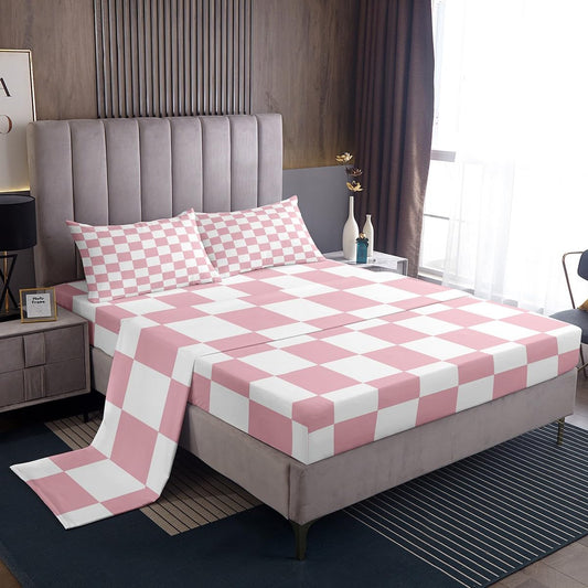 Feelyou Checkered Bedding Set Teen Women Men Pink Plaid Bed Sheets Full Size Kids Boys Girls Cute Retro Neutral Checkerboard Geometric Fitted Sheet Set Vintage Aesthetic Room Decor