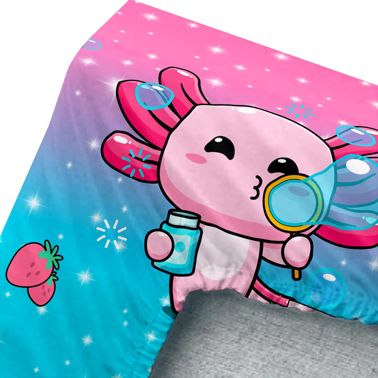 QOOMO Kawaii Axolotl Sheet Set,Pink Salamander Kids Bed Sheets,Strawberry 16" Deep Pocket Bed Sheet Set for Boys/Girls/Kids/Teens，1 Fitted Sheet,1 Flat Sheet and 2 Pillowcases，Twin Size
