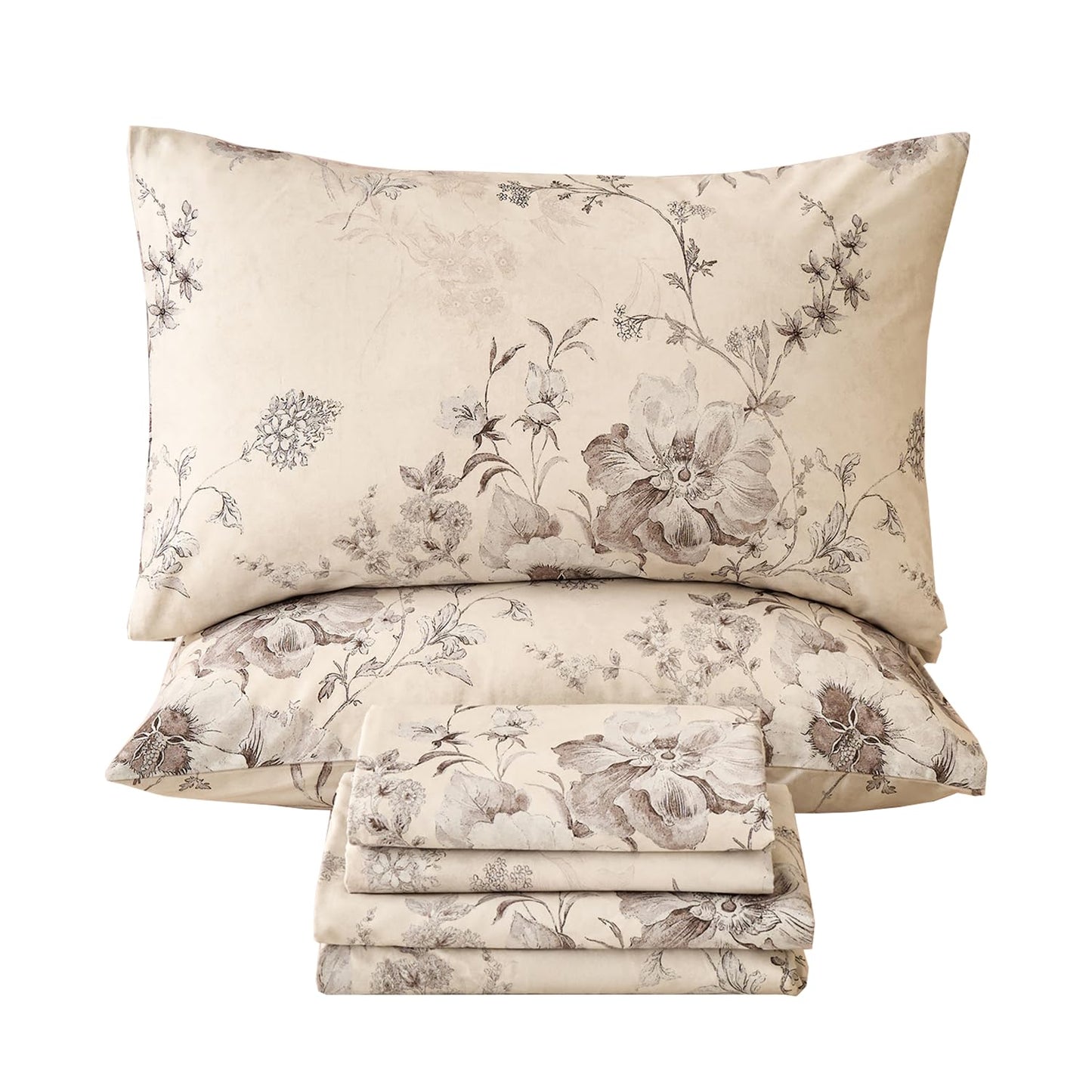 Huborise Beige King Size Sheet Set 100% Cotton Flannel-Like Warm Luxury Peony Toile Floral Bed Sheets 4Pc Deep Pocket 17.5", Double Brushed Extra Soft Breathable, Fall/Winter French Country Bedding
