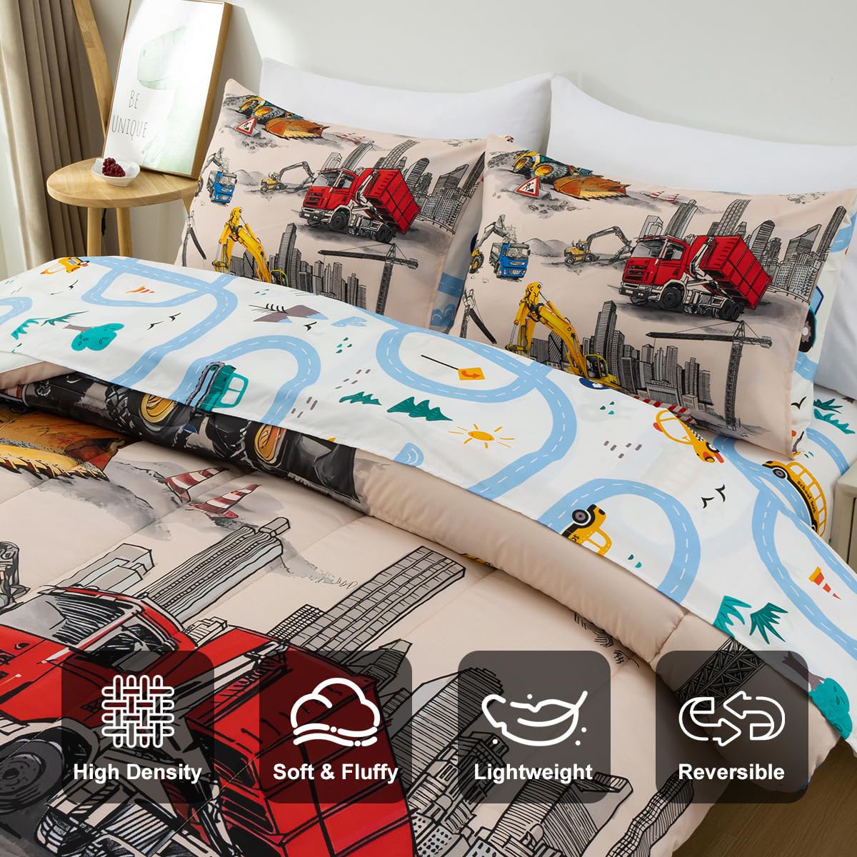 Holawakaka Trucks Tractors Cars Boy Bedding Comforter Set with Sheets, Twin Size Cartoon Construction Car Excavator Print Kids Bed in A Bag 5-Piece, Boys Reversible Dorm Bed Sets (Camel Twin)