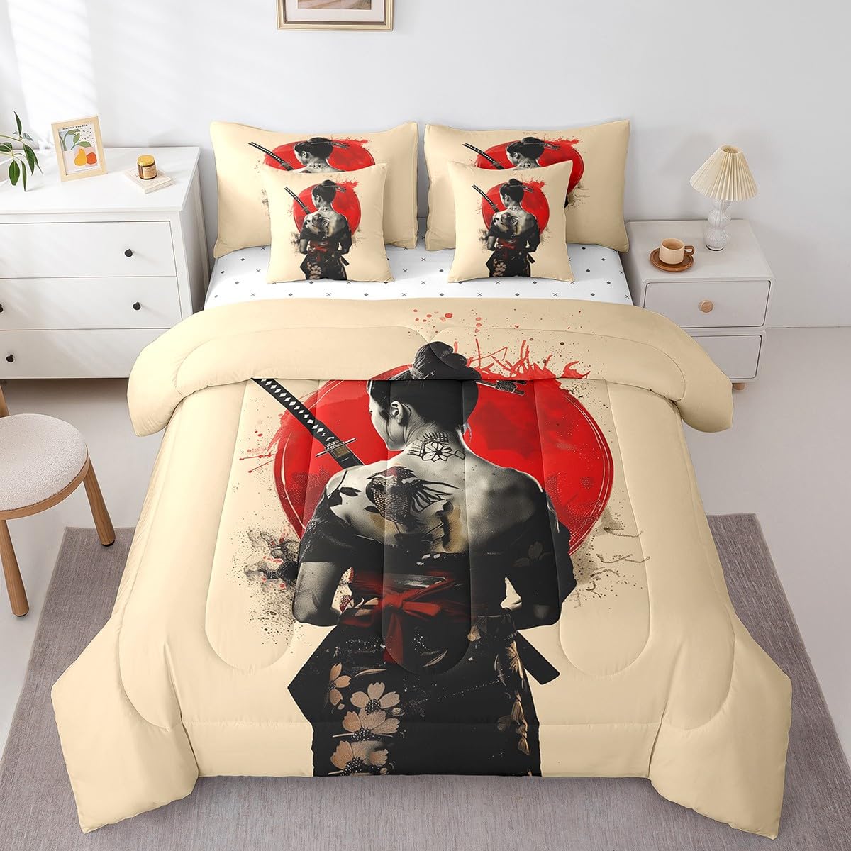 Feelyou Kids Japanese Geishas Comforter Set Twin Size 7 Pieces Red Sunset Bedding Set Japanese Style Japanese Tradition Aesthetic Bed in a Bag with Comforter, Sheets, Pillowcases & Cushion Cover