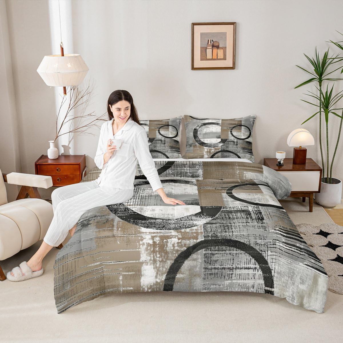 Feelyou Abstract Kids Comforter Set Full Size Modern Abstract Art Bedding Set Geometric Duvet Quilt for Kids Boys Girls Bedroom Luxury Decor Umber Ultra Soft