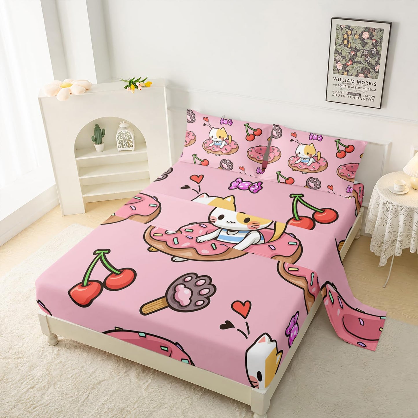 QOOMO Kawaii Cat Sheet Set,Doughnut Kids Bed Sheets,Cherry Printed 16" Deep Pocket Bed Sheet Set for Girls/Kids/Teens，4 Piece Sheet Set, 1 Fitted Sheet,1 Flat Sheet and 2 Pillowcases，Twin Size