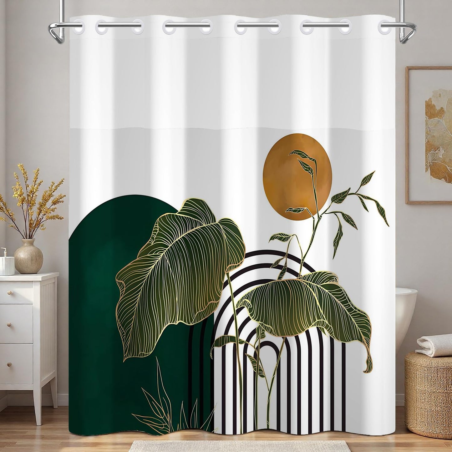 Xiazhilaio Abstract Monstera Leaf Shower Curtain No Hooks with Liner - 71″W x 74″L Waterproof Fabric with Mesh Top Window, Boho Sun & Geometric Print Bath Curtain for Modern Tropical Bathroom Decor
