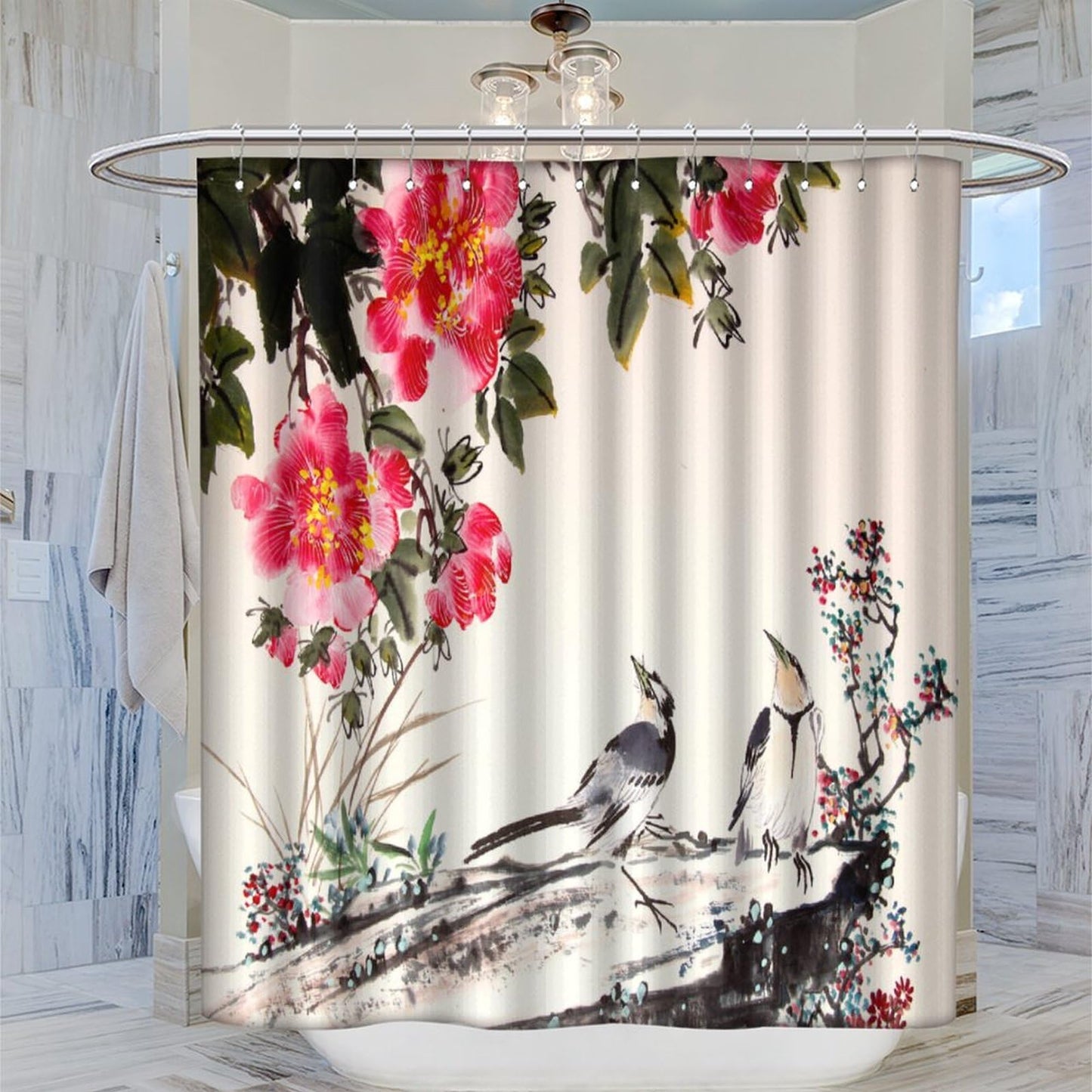 DDCBNS Chinese Traditional Ink Painting Shower Curtain,Japanese Cherry Blossom Spring Nature Flower Birds Print Shower Curtain for Bathroom Decor Fabric Waterproof Upholstery Hook 66x72inch
