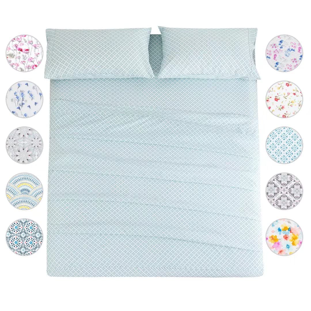 California King Sheet Set 4PC Printed Greenish Blue Floral Pattern Double Bed Luxury Cooling Soft 100% Microfiber Brushed Sheets 17” Deep Pocket, Easy Care, Breathable, Wrinkle Free, Machine Washable