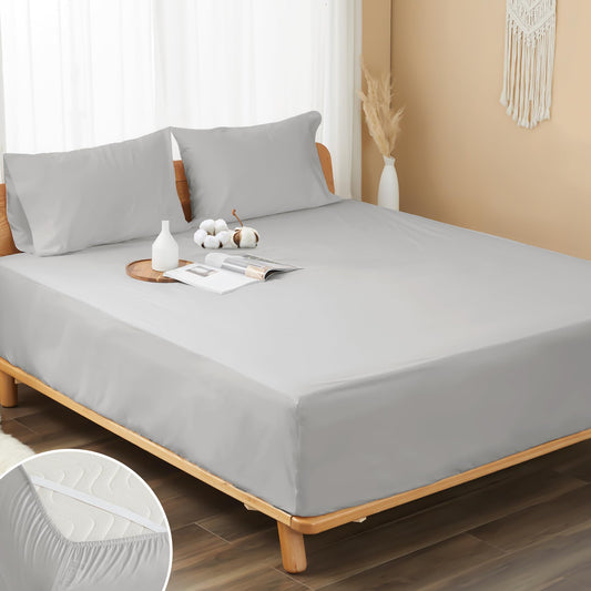 HOMTEC 100% Cotton Percale Fitted Sheet California King Size, 8-15" Deep Pocket Cooling Bottom Sheet, Breathable Soft & Crisp Fitted Sheet Only with 4 Corner Straps (Cal King, Light Gray)