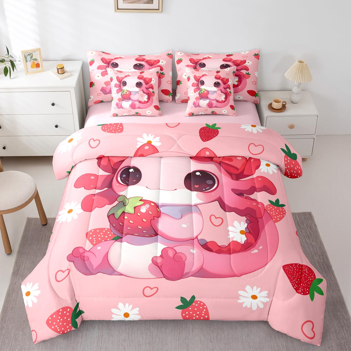 Erosebridal Cute Axolotl 7 Pieces Bedding Set Queen Size for Teen Girl | Pink Strawberry Bed in A Bag Kids Cartoon Daisy Floral Flower Comforter Set with Sheets Kawaii Animal Axolotl Quilt Set