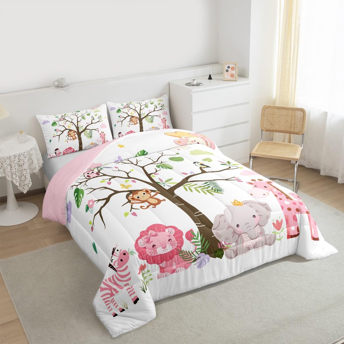 Erosebridal Pink Wildlife Comforter Set Twin Size Woodland Animals Bedding Set for Kids Girls BoysLion Giraffe Elephant Zebra Comforter Nature Safari Quilt Bedroom Decor