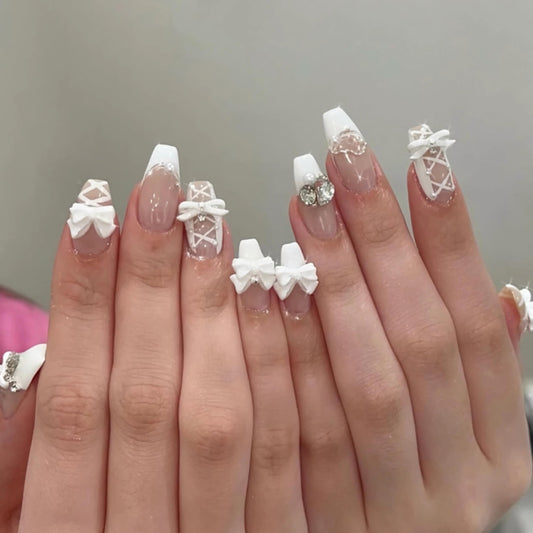 BABALAL Acrylic Press on Nails Medium Coffin Fake Nails - White French Tip, Bow Charm & Shiny Rhinestone Luxury Design, Handmade Manicure 24Pcs Full Cover False Nails