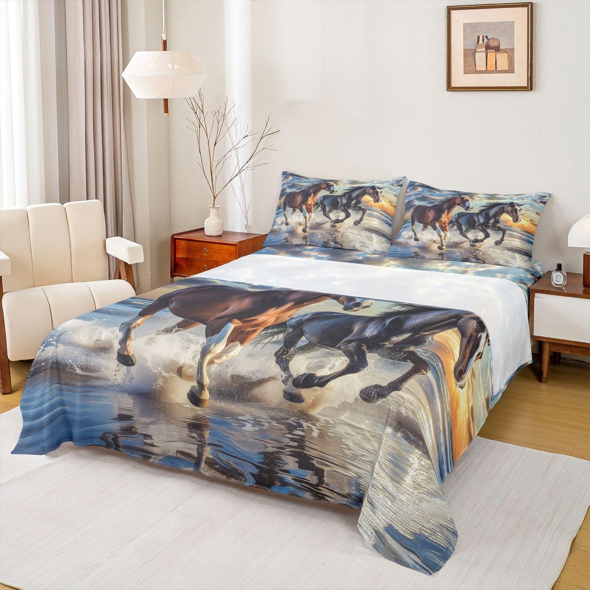 jejeloiu Horse Bed Sheets Set Queen Size Galloping Horse Bed Set for Kids Boys Girls Cute Animal Decor Deep Pocket Fitted Sheet Western Farmhouse Breathable Soft Lightweight Microfiber