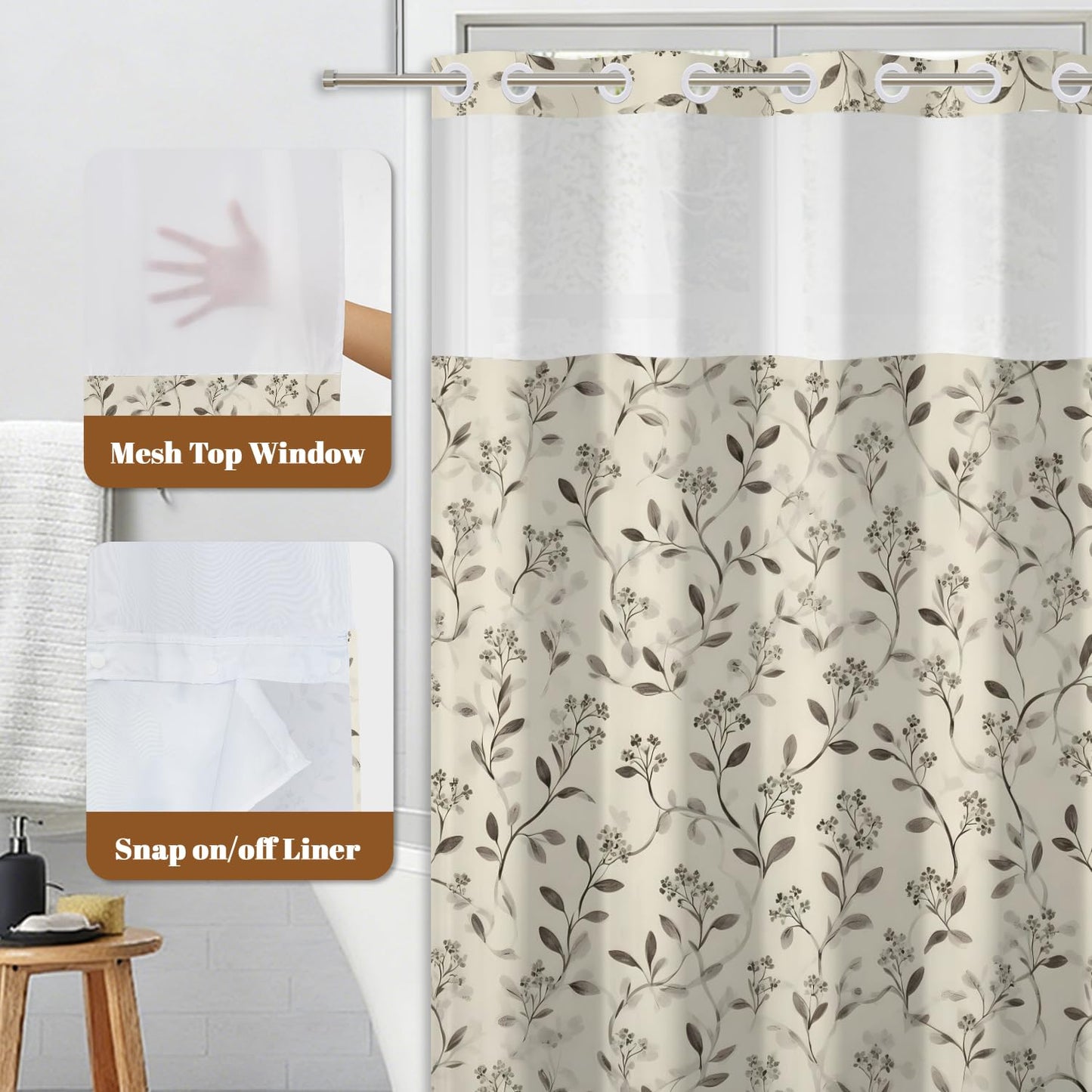 Xiazhilaio Beige Botanical Shower Curtain with Snap in Liner, 71x74 Inch
