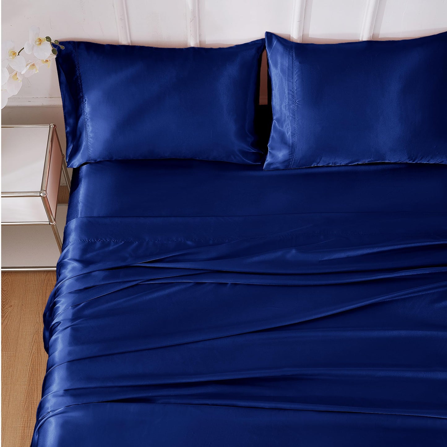 lasoftan Silk Satin Sheets Queen, Silky Fitted Bed Sheets with 15" Deep Pocket and Non-Slip Corner Straps, Luxury Hotel Satin Bed Sheets, Navy Blue Cooling Sheets & Pillowcase Set