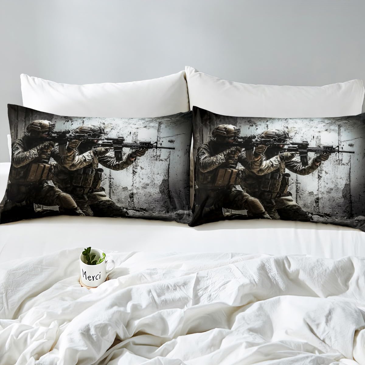 American Soldier Fitted Sheet, Boys Teens Under Mission Sheet Set, Rifle Machine Gun Bedding Set, Army Military Camo Fitted Bed Sheets Twin Camouflage Bedroom Decor for Youth Man No Top Flat Sheet