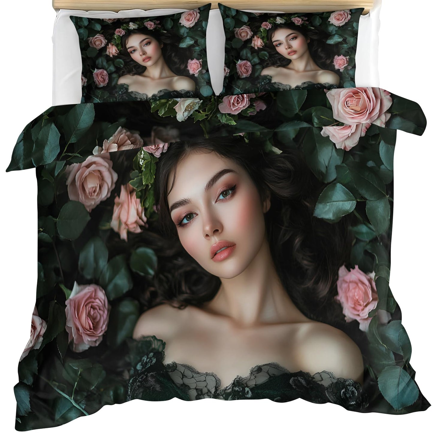 Twin Size Duvet Cover Sexy Beauty Print Duvet Cover Woman Portrait Comforter Cover Rose Bush Bedding Kids Room Bedding Decor (Reversible Printing)