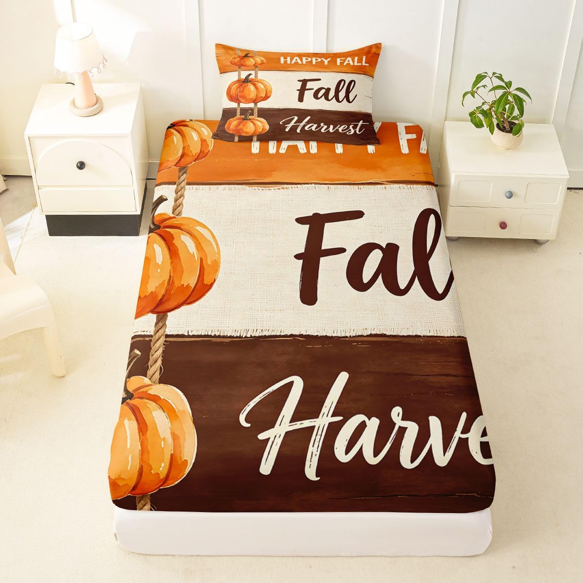 Erosebridal Fall Harvest Bed Sheets Twin Size Rope Hanging Pumpkin Sheet Set Rustic Wooden Art Bedding Set Minimalist Autumn Sheets