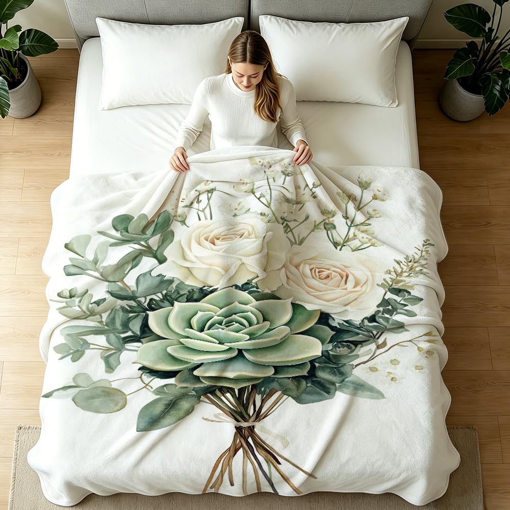 HUNXIAOJ Botanical Throw Blanket Green Leaves Blanket Plant and Floral Decor Botanical Bedding Warm Soft Flannel for Bed Sofa Couch (49in x 59in)
