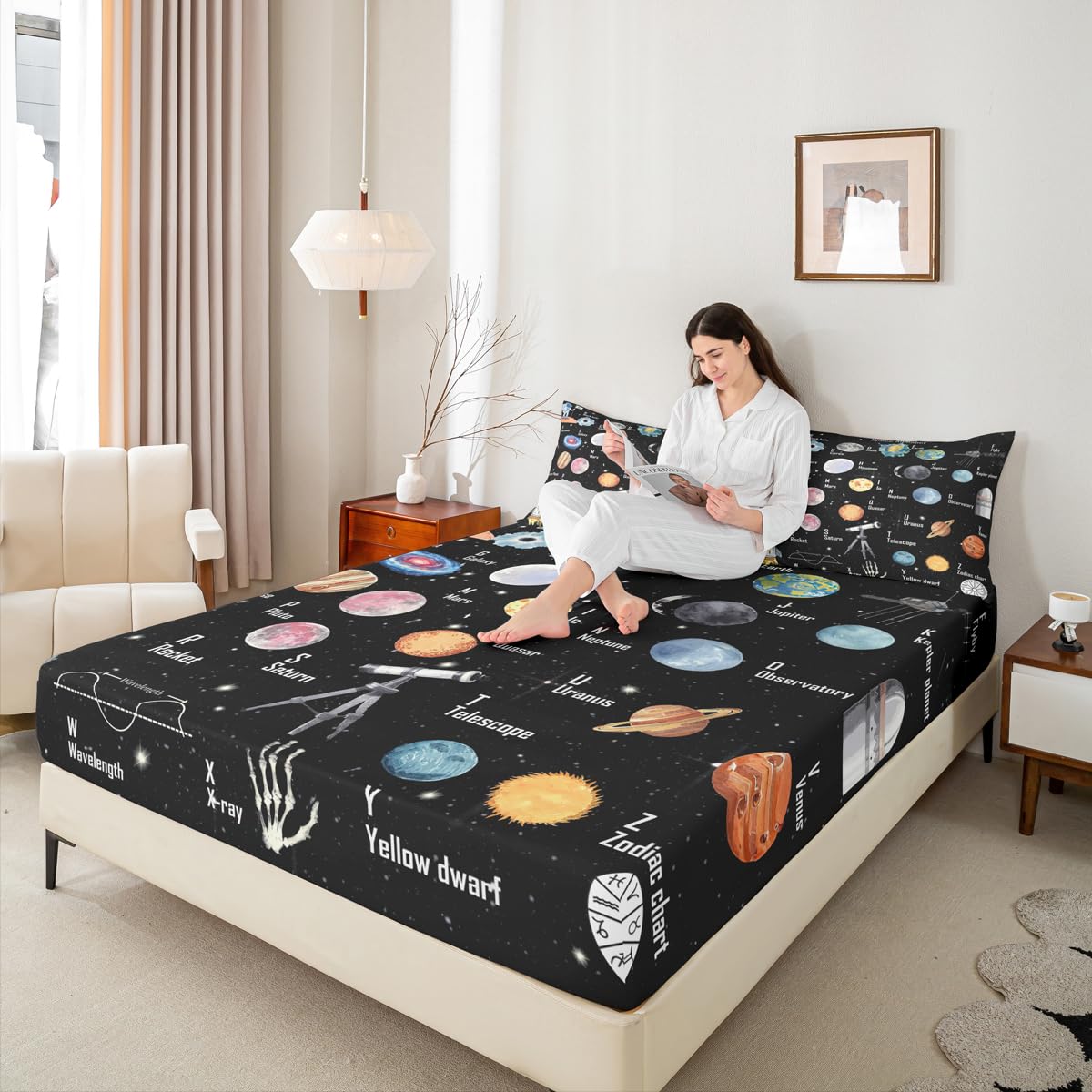 Solar System Bedding Set Twin Size for Boys Girls, ABC Alphabet Bed Sheet Set Solar System Alphabet Fitted Sheet Educational Bed Cover with 1 Pillow Case (No Flat Sheet)