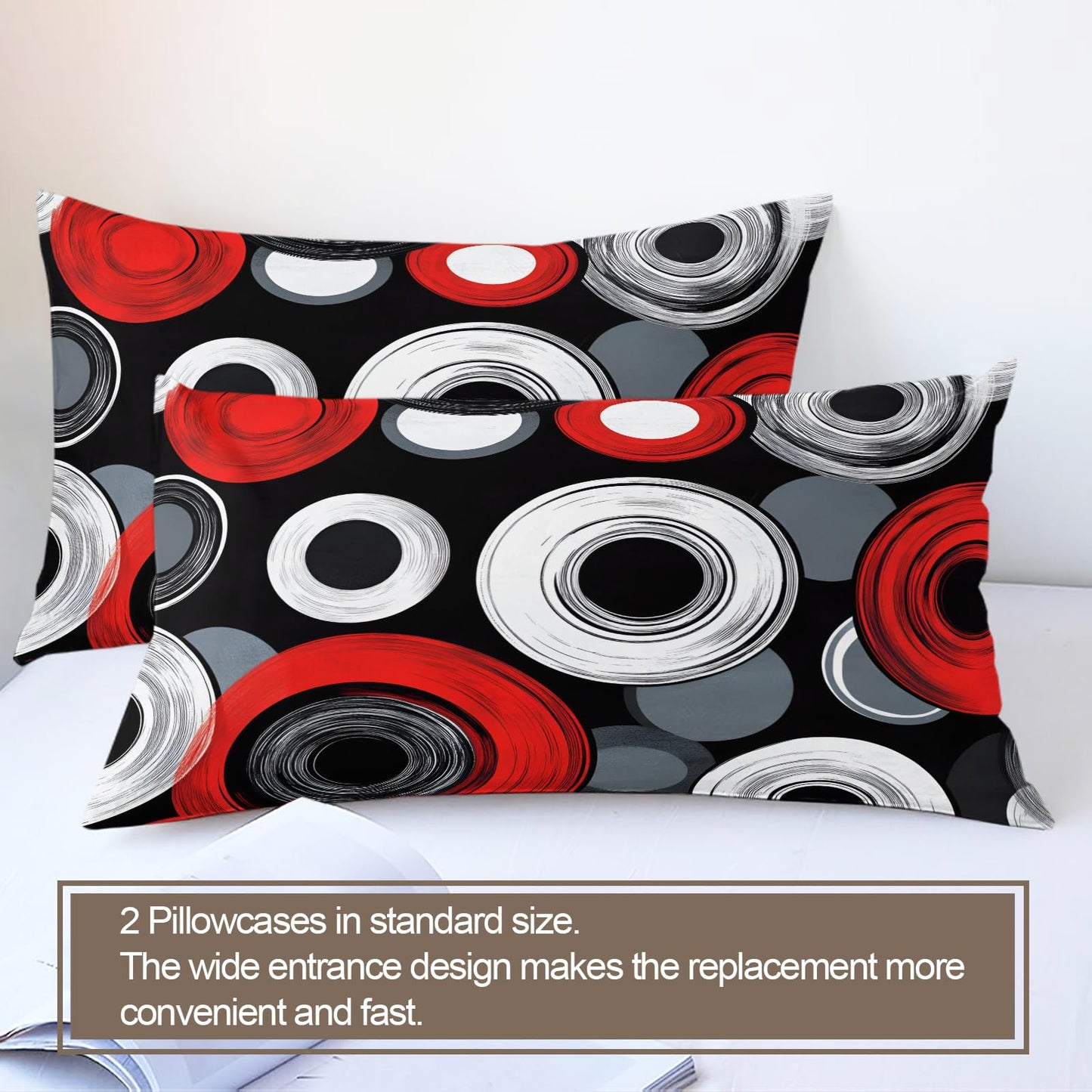 GKPLY Red Black Circles Duvet Cover Cal King, Modern Abstract Bedding Sets, Bold Geometric Comforter Set, Zipper & Ties, Retro Style Duvet Cover & 2 Pillow Cases, Reversible Print