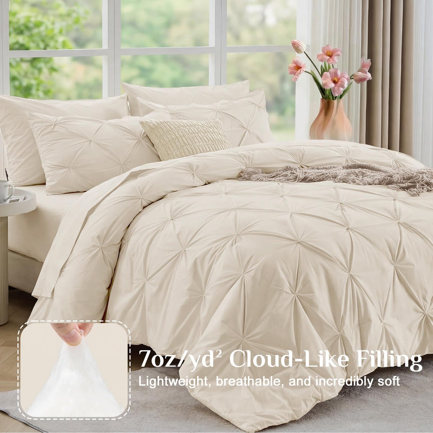 JOLLYVOGUE Queen Comforter Set 7 Pieces - Bed in a Bag Queen for All Season, Pintuck Bedding Comforter Sets with Comforter, Flat Sheet, Fitted Sheet and Pillowcases & Shams, Beige