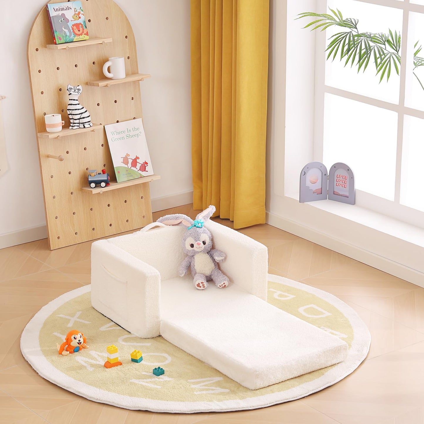 Givjoy Toddler Chair Sherpa Kids Couch, 2-in-1 Soft Kids Armchair Lounger for Bedroom, Convertible Sofa for Girls and Boys, Child Reading Chair for Playroom, Living Room, Pet, Beige